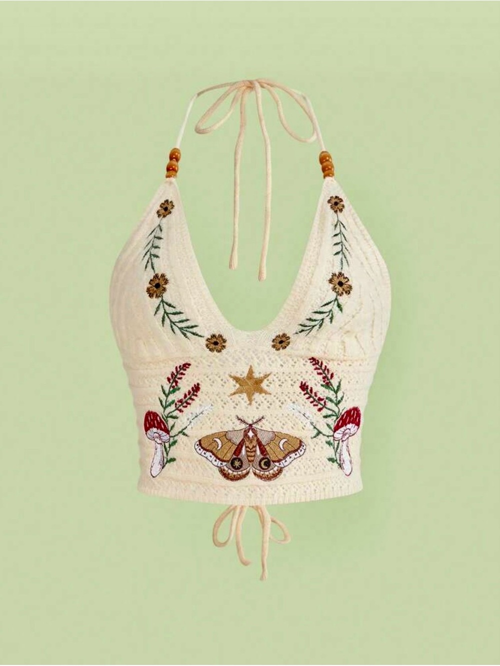 Cream Fairycore Embroidered Crochet Halter Crop Top w/Mushroom & Vine Design M - Picture 8 of 10